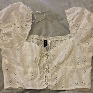 H&M White Eyelet Lace-Up Blouse